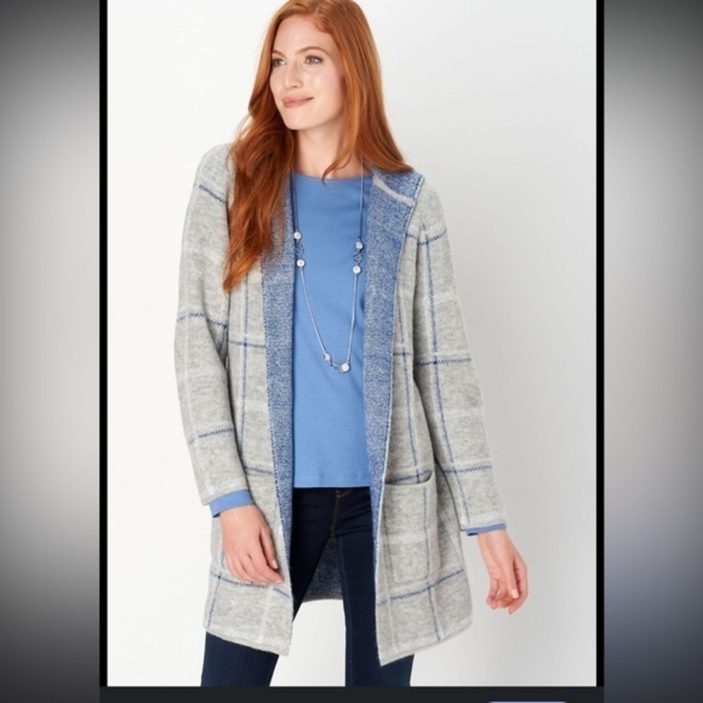 Christopher & Banks Blue& white open cardigan sweater with pockets L